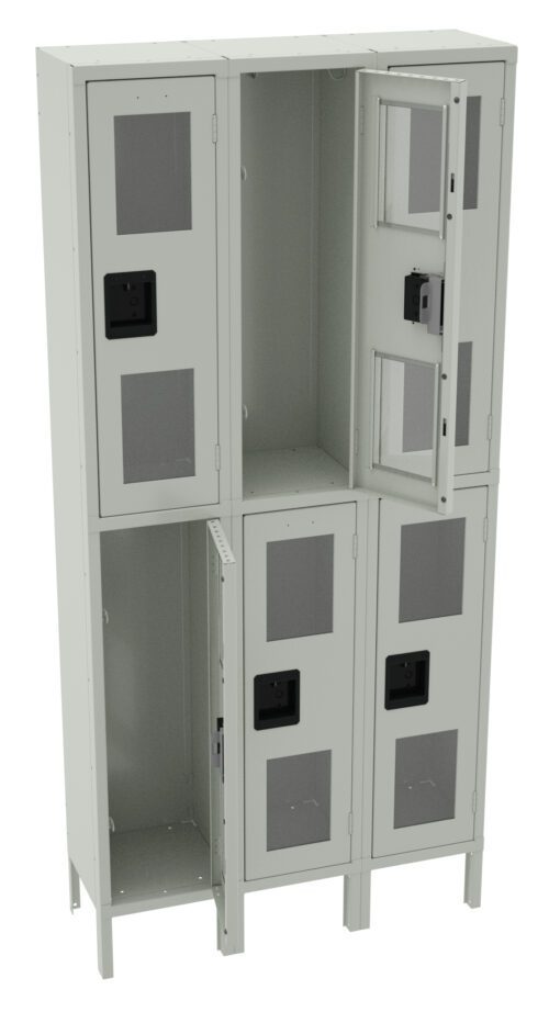 A gray six-compartment locker unit with transparent windows on each door. The unit is elevated on short legs. Two doors are open, revealing empty compartments.