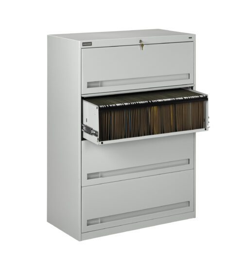 A white metal file cabinet with five drawers, one of which is open to reveal organized hanging file folders. The top drawer is locked, and the cabinets clean design suggests its suitable for office or home use.