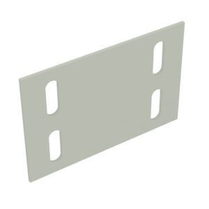 A rectangular, light gray metal plate with four oblong slots, two near each side, is set against a plain white background.