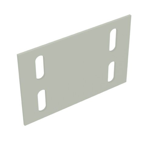 A rectangular, light gray metal plate with four oblong slots, two near each side, is set against a plain white background.