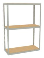 A three-tier metal shelving unit with a light gray frame and wooden shelves. The shelves are evenly spaced and the unit is empty, set against a plain white background.