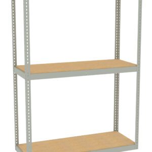 A three-tier metal shelving unit with a light gray frame and wooden shelves. The shelves are evenly spaced and the unit is empty, set against a plain white background.