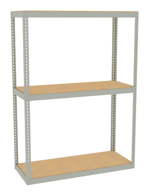 A three-tier metal shelving unit with a light gray frame and wooden shelves. The shelves are evenly spaced and the unit is empty, set against a plain white background.