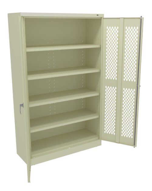 yrn5doidt88nhfvukzor.jpg Metal storage cabinet with one open door revealing five shelves. The right door has a mesh design, while the left door has a solid handle. The cabinet is beige and stands upright, providing ample storage space.
