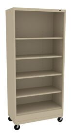 A beige metal bookshelf on wheels, featuring five adjustable shelves. The design is simple and functional, suitable for storing books or office supplies.
