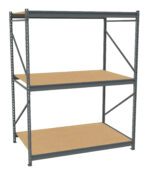 A freestanding metal shelving unit with three wooden shelves. The frame is made of steel, and the shelves are flat and rectangular. The design is simple and industrial, ideal for storage in a garage or warehouse.