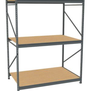 A freestanding metal shelving unit with three wooden shelves. The frame is made of steel, and the shelves are flat and rectangular. The design is simple and industrial, ideal for storage in a garage or warehouse.