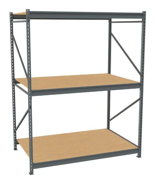 A freestanding metal shelving unit with three wooden shelves. The frame is made of steel, and the shelves are flat and rectangular. The design is simple and industrial, ideal for storage in a garage or warehouse.
