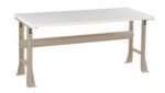 A beige workbench with a white tabletop. It features a sturdy metal frame with adjustable legs and a cross-brace for added stability. The minimalist design makes it suitable for various tasks and workspaces.