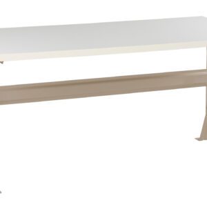 A beige workbench with a white tabletop. It features a sturdy metal frame with adjustable legs and a cross-brace for added stability. The minimalist design makes it suitable for various tasks and workspaces.