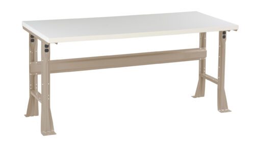 A beige workbench with a white tabletop. It features a sturdy metal frame with adjustable legs and a cross-brace for added stability. The minimalist design makes it suitable for various tasks and workspaces.