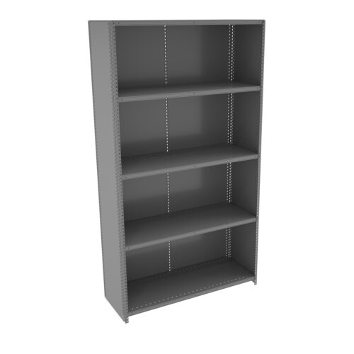 ys5czixtfvq1pgpokoyb.jpg A gray metal shelving unit with five adjustable shelves, shown against a plain white background.