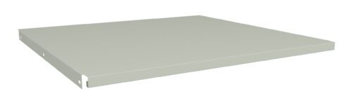 A single, flat, rectangular metal shelf in light gray, viewed slightly from the side. It has smooth edges and appears to be sturdy, suitable for use in shelving or storage units.