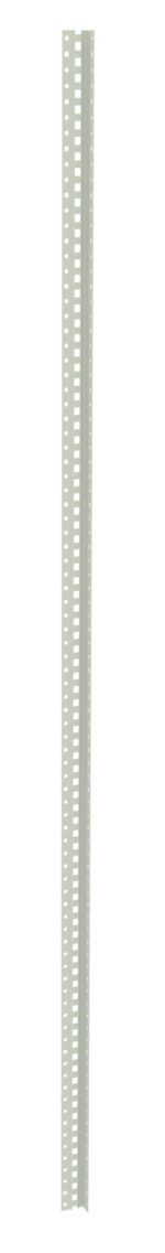 A long, vertical metal strip with evenly spaced rectangular cutouts along its length, set against a plain white background.