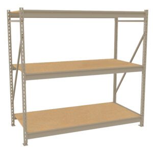 A three-tiered metal shelving unit with wooden shelves, set against a plain white background. The structure is supported by metal frames with diagonal braces on the sides for added stability.