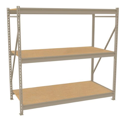 A three-tiered metal shelving unit with wooden shelves, set against a plain white background. The structure is supported by metal frames with diagonal braces on the sides for added stability.