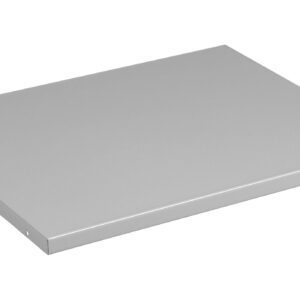A flat, rectangular, silver metal tray with smooth edges, positioned at a slight angle against a white background.
