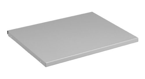 A flat, rectangular, silver metal tray with smooth edges, positioned at a slight angle against a white background.