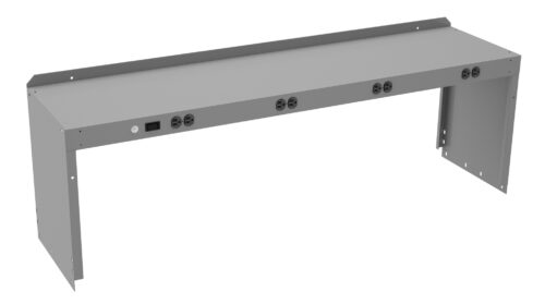 ystl4y5jkvsjjkkonftv.jpg A long, rectangular metallic gray wall-mounted workstation with multiple circular outlets and switch cutouts on the front side, designed for utility connections. The unit is minimalistic and sleek in design.