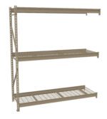 A beige, metal storage shelving unit with three wire mesh shelves. The frame has a perforated design for adjustable shelving and stability. The shelves are evenly spaced and designed for holding various items in a garage, warehouse, or utility room.
