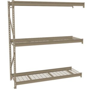A beige, metal storage shelving unit with three wire mesh shelves. The frame has a perforated design for adjustable shelving and stability. The shelves are evenly spaced and designed for holding various items in a garage, warehouse, or utility room.
