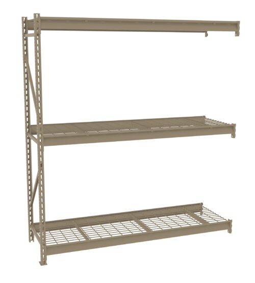 A beige, metal storage shelving unit with three wire mesh shelves. The frame has a perforated design for adjustable shelving and stability. The shelves are evenly spaced and designed for holding various items in a garage, warehouse, or utility room.