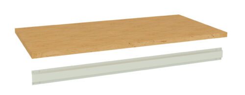 yswcwetjksrrc4g2a7di.jpg A wooden shelf and a metal bracket isolated on a white background. The shelf has a light wood finish, while the bracket is light gray, designed to support the shelf when mounted.
