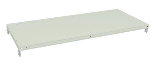 ysybmj3tavgyyzjidbfa.jpg A rectangular, light gray metal shelf with evenly spaced holes along its border. It has a flat surface and is supported by two brackets on each corner for mounting. The shelf is isolated on a white background.