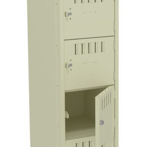 A beige metal locker with four compartments is shown. The bottom compartments door is open, revealing an empty interior. Each compartment has a small vent, a handle, and a key lock. The locker stands on four legs.