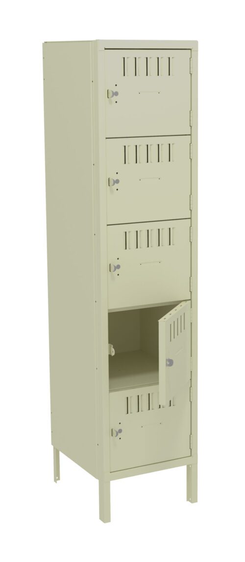 A beige metal locker with four compartments is shown. The bottom compartments door is open, revealing an empty interior. Each compartment has a small vent, a handle, and a key lock. The locker stands on four legs.