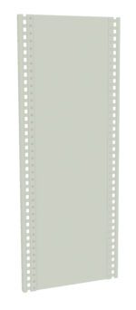 Tall, rectangular metal panel with a solid center and rows of square holes along both vertical edges. The panel is light gray and appears to be part of a shelving or storage unit.