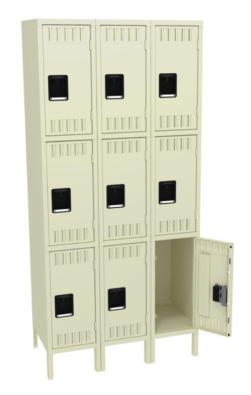 A set of beige metal lockers arranged in a 3x3 grid. Each locker has a small black handle. The bottom right locker door is open, revealing an empty compartment inside.