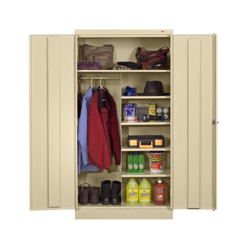 yu3cbuhjusjmrytkxnma.jpg A beige storage cabinet with open doors reveals shelves containing cleaning supplies, a toolbox, boots, and various items. Clothes, including jackets and hats, hang on a rod to the left. The setup is organized and brightly lit.