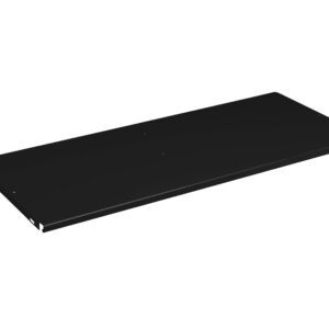 A rectangular, flat black shelf with smooth edges, viewed from an angle against a solid white background. It features two small, round mounting holes on either end for wall attachment.