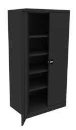 A black metal cabinet with two doors, one open and one closed, revealing four adjustable shelves inside. The cabinet has a smooth finish and a circular handle on each door.
