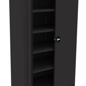 A black metal cabinet with two doors, one open and one closed, revealing four adjustable shelves inside. The cabinet has a smooth finish and a circular handle on each door.