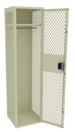 Open beige metal locker with a lattice-patterned door. A horizontal rod is inside, suitable for hanging items. The lock mechanism is visible on the door, and the locker is empty with a light-colored interior.