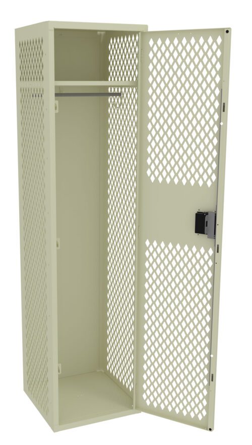 Open beige metal locker with a lattice-patterned door. A horizontal rod is inside, suitable for hanging items. The lock mechanism is visible on the door, and the locker is empty with a light-colored interior.