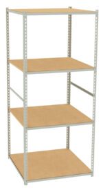 A metal-framed storage shelf unit with four wooden shelves. The shelves are rectangular and evenly spaced, providing ample storage space. The metal frame has perforated sides for adjustable shelving. The overall style is simple and functional.