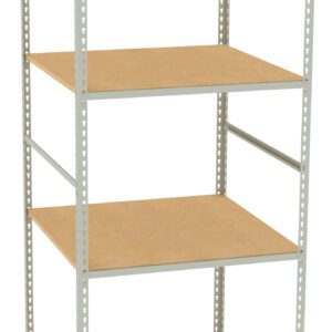 A metal-framed storage shelf unit with four wooden shelves. The shelves are rectangular and evenly spaced, providing ample storage space. The metal frame has perforated sides for adjustable shelving. The overall style is simple and functional.