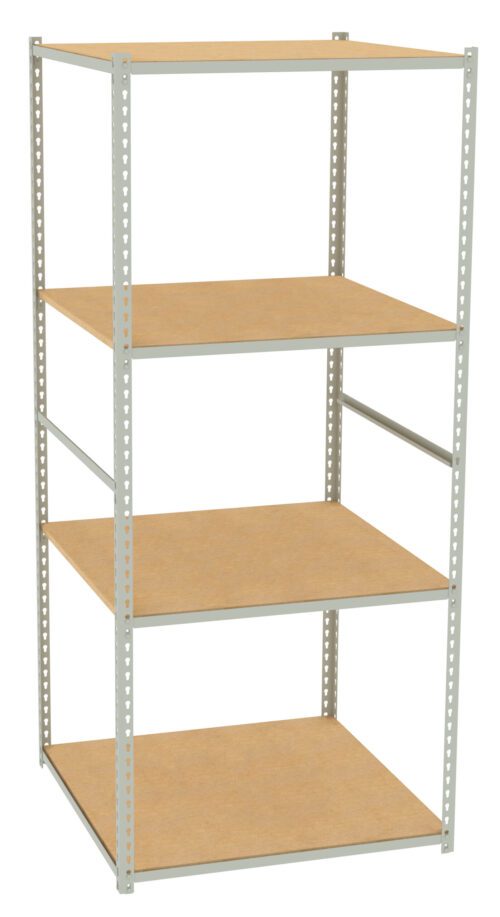 yvi8wjwulfuaownkv43r.jpg A metal-framed storage shelf unit with four wooden shelves. The shelves are rectangular and evenly spaced, providing ample storage space. The metal frame has perforated sides for adjustable shelving. The overall style is simple and functional.