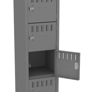 A tall, gray, metal locker with six compartments. The third compartment from the top is open, showing the inside. Each compartment has a ventilation design and a lock.