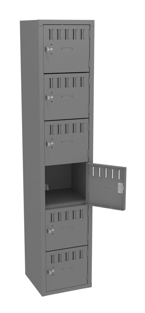 A tall, gray, metal locker with six compartments. The third compartment from the top is open, showing the inside. Each compartment has a ventilation design and a lock.