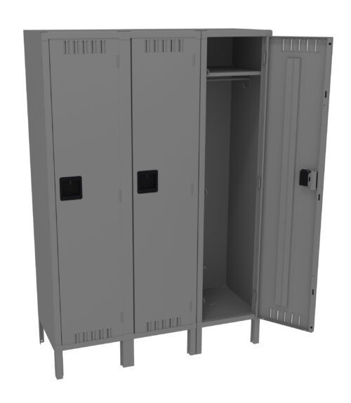 yvtkvasvlldmgielbqpt.jpg A gray metal locker with three compartments, standing on legs. The first and second compartments are closed, while the third compartments door is open, revealing a hanging rod inside.