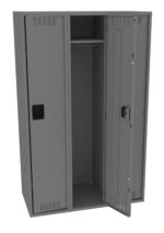 A grey metal locker with three compartments. The middle door is open, revealing an empty space with a clothing rod inside. The locker has ventilation slits on each door and a handle for opening. The surface is smooth and industrial in style.