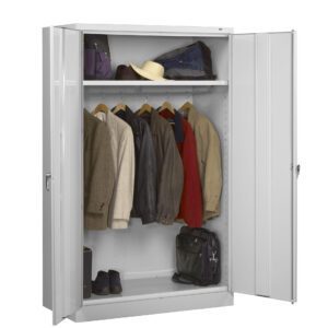 A gray metal wardrobe with open doors. Inside, several jackets, a red coat, and a hat are hanging on a rod. Shelves hold a folded blue blanket, a green bag, a black bag, and a pair of shoes at the bottom.