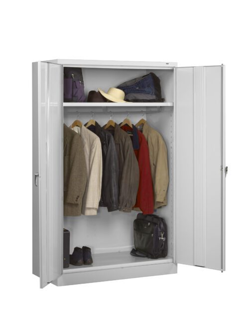 yvx1nyhzjobjwvdpiels.jpg A gray metal wardrobe with open doors. Inside, several jackets, a red coat, and a hat are hanging on a rod. Shelves hold a folded blue blanket, a green bag, a black bag, and a pair of shoes at the bottom.