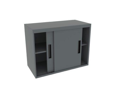 A gray cabinet with a minimalist design featuring two sliding doors and four open shelves on either side. The cabinet is set against a plain white background.