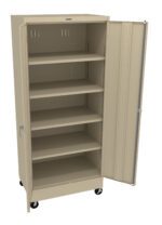 A beige metal storage cabinet with its door open, revealing five adjustable shelves inside. The cabinet has a handle and is mounted on four caster wheels for mobility.