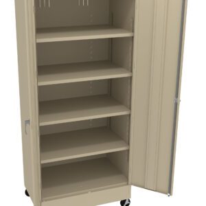 A beige metal storage cabinet with its door open, revealing five adjustable shelves inside. The cabinet has a handle and is mounted on four caster wheels for mobility.
